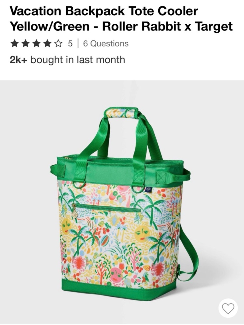 NWT Roller Rabbit x Target Vacation Backpack Tropical Canvas Tote Cooler 💚💛🌴🌞